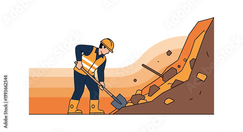 Construction worker digging with shovel on landslide site, safety vest, hard hat