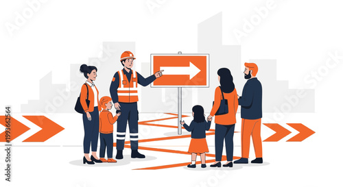 Construction worker guides diverse group of people with directional arrow sign