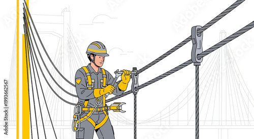 Construction worker in safety harness performing maintenance on bridge cables