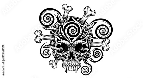 Tribal Skull with Bones and Swirls - Tattoo Design Illustration