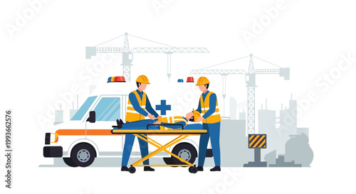 Construction worker injured, ambulance and medical team providing emergency response at site
