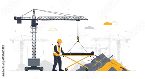 Construction worker injured, crane lifts stretcher with patient at building site