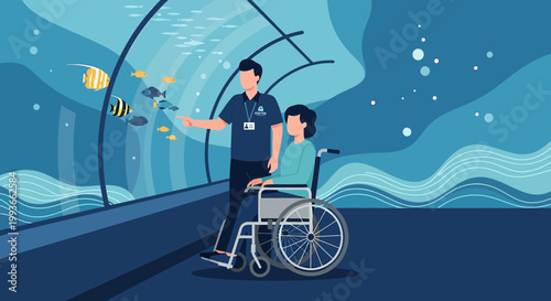 Caregiver assists person in wheelchair at aquarium, observing fish in underwater tunnel.