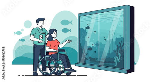 Caregiver helps disabled woman in wheelchair admire aquarium with fish and coral