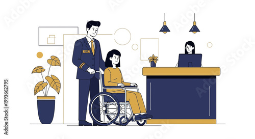 Caregiver Pushing Woman in Wheelchair Towards Receptionist at Hotel or Hospital