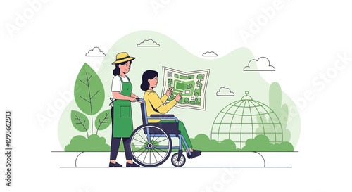 Caregiver Pushing Woman in Wheelchair, Looking at Map in Park