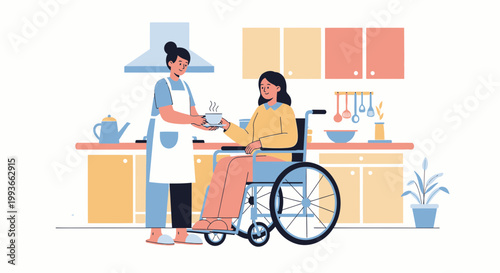 Caregiver serving hot drink to woman in wheelchair in kitchen, home care concept