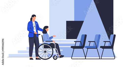 Caregiver helps woman in wheelchair at event, accessibility, inclusion, support