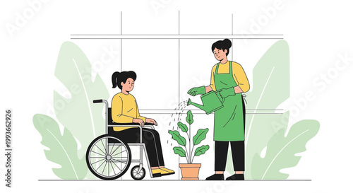 Caregiver Waters Plant with Person in Wheelchair, Gardening, Rehabilitation, Home Care