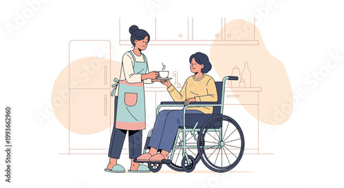 Caregiver serving tea to woman in wheelchair, home care, support, assistance, independence
