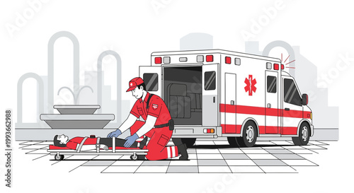Paramedic assists patient on stretcher near ambulance, emergency medical services, urban scene