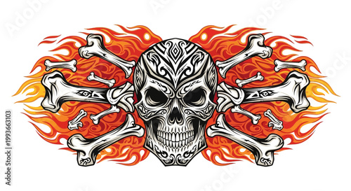 Tribal Skull with Crossbones and Flames - Tattoo Art and Danger Symbol