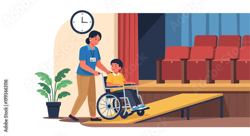 Caregiver Pushing Child in Wheelchair Up Ramp into Auditorium