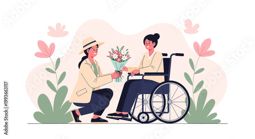 Caring friend brings flowers to woman in wheelchair, symbolizing support and recovery