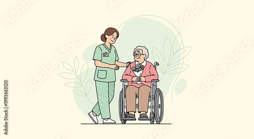 Caring Nurse Helping Elderly Woman in Wheelchair with Flowers