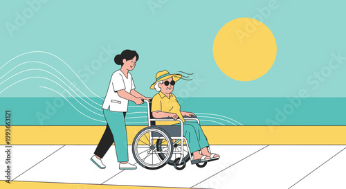 Caregiver Pushing Elderly Woman in Wheelchair Along Beach Promenade