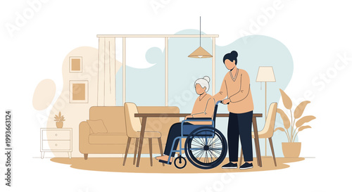 Caregiver Pushing Elderly Woman in Wheelchair at Home, Senior Care and Assistance