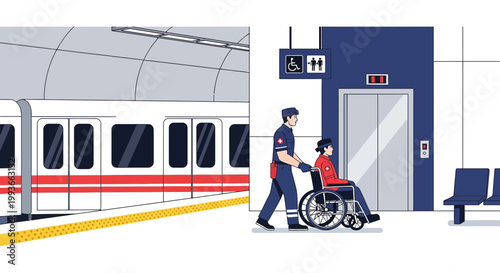Paramedic assists person in wheelchair at accessible subway station with train and elevator