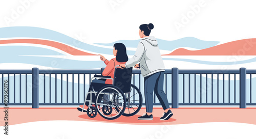 Caring woman pushing woman in wheelchair enjoying scenic view, outdoor walkway