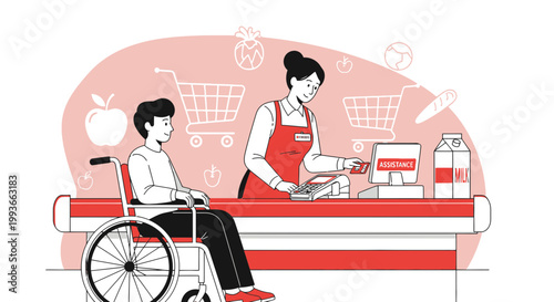 Cashier Assisting Customer in Wheelchair at Supermarket Checkout