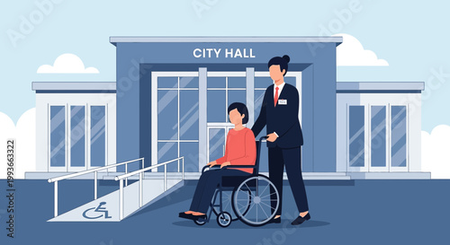 City Hall Accessibility: Wheelchair User Assisted by Aide near Ramp