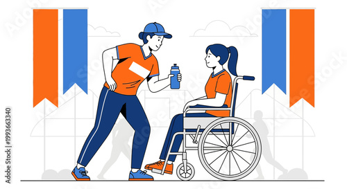 Coach helping disabled athlete in wheelchair with water bottle, sports event, teamwork, support