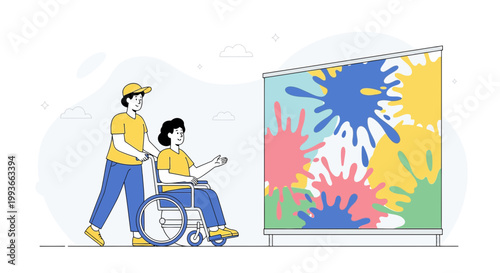 Caregiver Pushing Wheelchair Person Towards Colorful Art Display