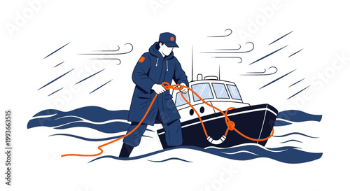 Coast Guard Rescuer Secures Boat in Rough Seas During Stormy Weather