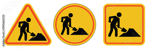 Under construction warning sign featuring road works symbol, attention message, and safety alert design for preventing accidents during road construction, presented as vector illustration.