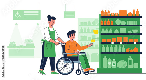 Caregiver Pushing Wheelchair Shopper in Accessible Supermarket Aisle