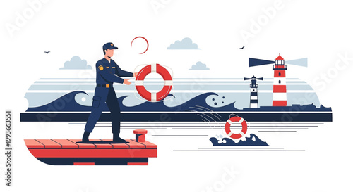 Coast Guard Rescuer Throws Lifebuoy Near Lighthouse, Maritime Safety Concept
