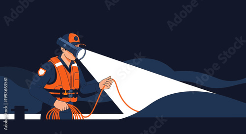 Coast Guard rescuer with flashlight searches dark sea from boat, safety rope in hand