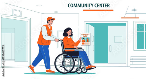 Community Center Volunteer Pushes Woman in Wheelchair, Offering Support and Care
