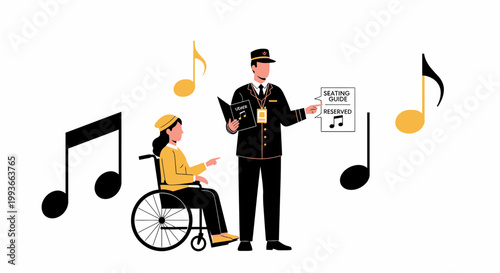 Concert usher helps disabled woman in wheelchair find her reserved seat with music notes