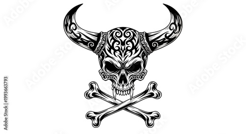 Tribal Skull With Horns and Crossbones - Vector Illustration