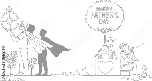 Father figure holding compass symbolizing guidance and life's direction, with family celebrating father's day near fishing stream and charming house.
