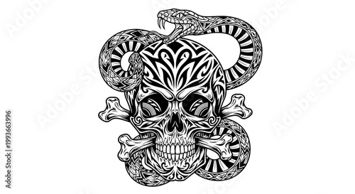 Tribal Skull with Snake and Bones - Tattoo Art