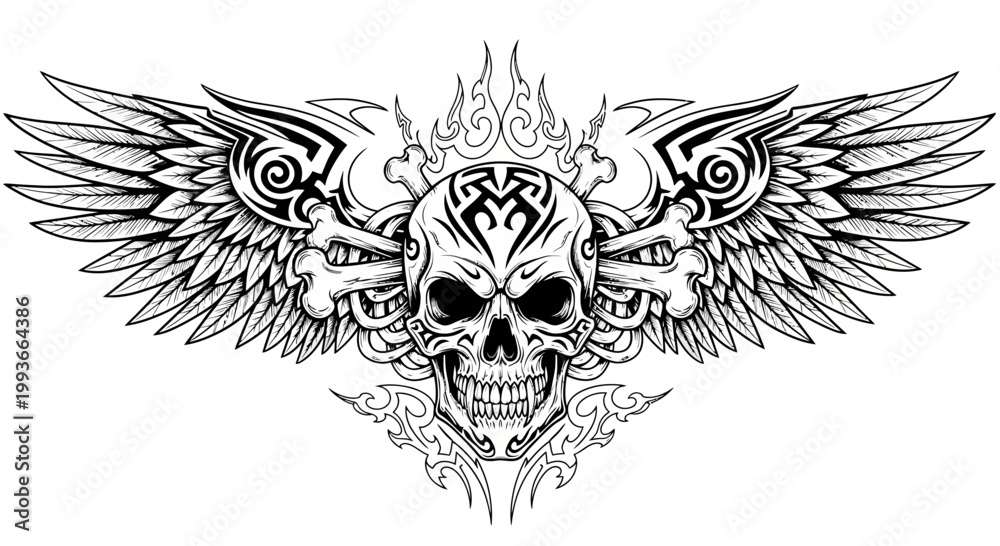 Obraz premium Tribal Winged Skull Tattoo Design with Flames and Bones