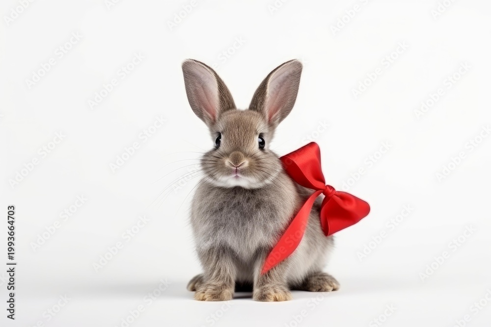 Obraz premium Adorable fluffy rabbit sitting with a festive red ribbon on a white background