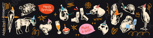 Funny animals celebrating birthday halftone collage elements set. Humor stickers with cut out pets, cute doodles, clinking glasses and scribbles. Modern retro mixed media vector illustration isolated