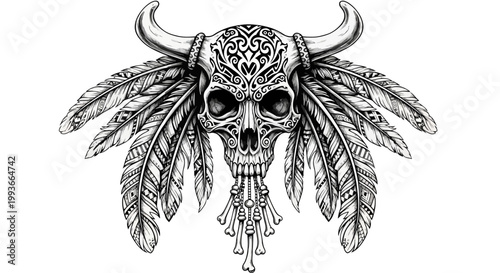 Bohemian Skull Tattoo Design with Feathers and Horns