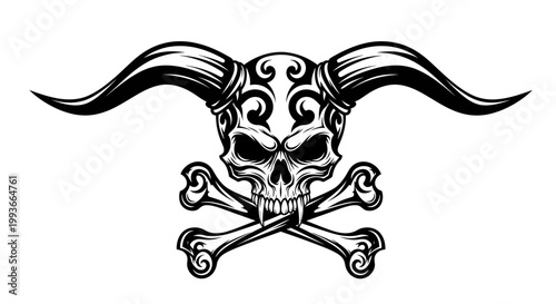 Demonic Skull with Horns and Crossbones Tattoo Design Vector Art