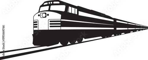 Silhouette of a modern diesel train moving on tracks toward horizon abstract perspective transport concept.