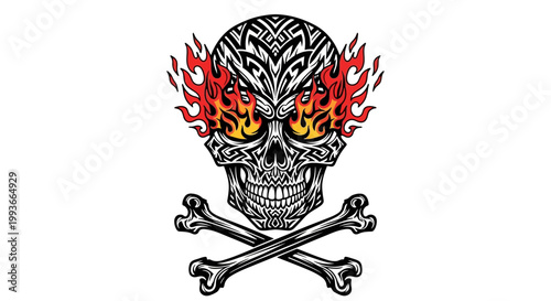 Fiery Skull and Crossbones Tattoo Art with Tribal Pattern