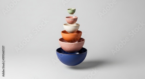 Stacked Colorful Bowls on White Background, Kitchen Utensils Concept.