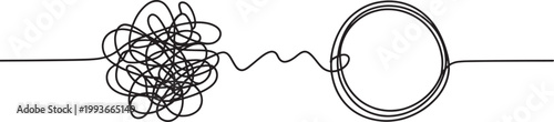Concept of tangled and straight line drawing depicting chaos to order problem solving process.