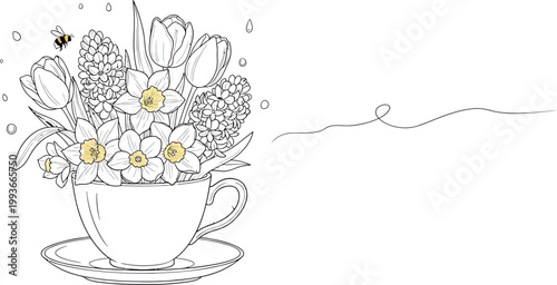 Beautiful bouquet of pastel spring flowers arranged inside a ceramic teacup with a small bumblebee flying nearby in this artistic hand drawn digital line illustration
