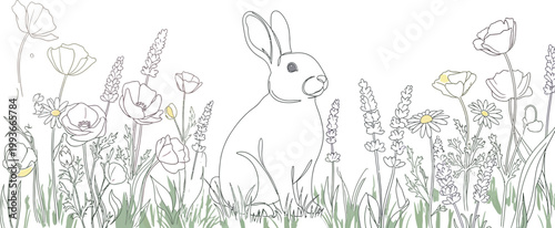 Cute white bunny rabbit sits calmly in a field filled with colorful spring wildflowers and blooming plants during a bright and sunny day in nature