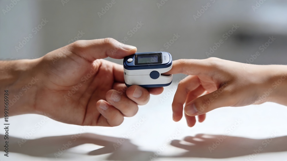 Fototapeta premium Close-up of a pulse oximeter device placed on a finger to measure oxygen saturation and heart rate. Clean medical scene representing health monitoring and patient care.