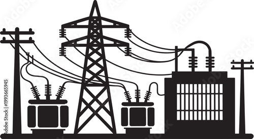 Electrical substation with power lines and transformers vector illustration isolated on transparent background.